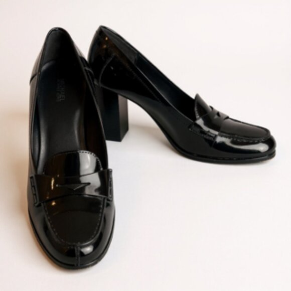 Michael Kors Buchanan Black Patent Leather Penny Loafer Block Heels Size 11M - Picture 1 of 8